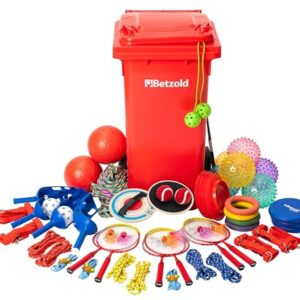 Große Spieltonne für die Klasse, umfangreiches Spielset mit Fahrbarer Tonne, Springseilen, Fußbällen, Schleuderbällen und Jongliertellern für körperlich und geistig anspruchsvolle Spiele für bis zu 80 Kinder