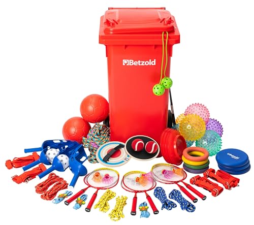 Große Spieltonne für die Klasse, umfangreiches Spielset mit Fahrbarer Tonne, Springseilen, Fußbällen, Schleuderbällen und Jongliertellern für körperlich und geistig anspruchsvolle Spiele für bis zu 80 Kinder