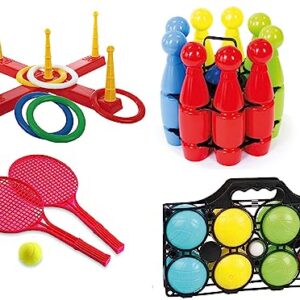 Ein umfangreiches Outdoor-Spiele-Set für Draußen mit verschiedenen Spielen wie Kegeln, Boccia und Ringwurfspiel für Garten oder Kinderparty geeignet.