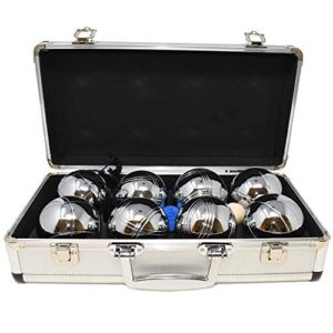 Ein umfassendes Boules/Petanque-Set mit 8 hochwertigen Metallkugeln, einer Holzzielkugel und Messschnur in einer eleganten Metalltasche. Perfekt für alle Fans von Boules/Petanque geeignet.