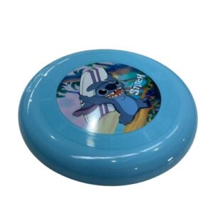 Blaue Frisbee mit Disney-Stich auf weißem Hintergrund, ideal für Kinder ab 3 Jahren zum Spielen im Strand oder Park.