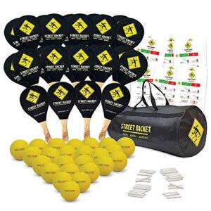Kinder-Sport-Set mit 24 Holzschlagern, 24 Softbällen und Straßenmalkreide zur Spielfeldmarkierung, verpackt in einer Street Racket Schulsporttasche