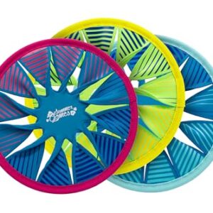 Drei farbenfrohe Neopren-Flying-Discs von SUMMER GAMES, ideal für Kinder ab 4 Jahren, weiches Material und gute Flugeigenschaften.