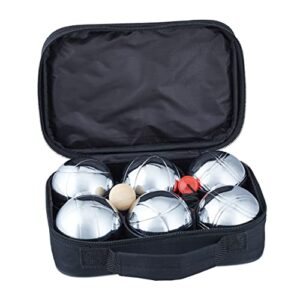 Relaxdays Boule Set, 6 Boccia Kugeln aus Metall, Zielkugel & Abstandsmesser, Petanque mit Tragetasche, silber/schwarz, Boccia Set 6 Kugeln "Profi" Metall