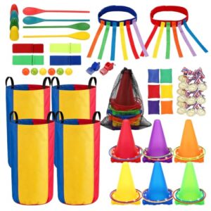 Ein umfangreiches Spielset für Outdoor-Spielen, das farbenfrohe Sackhüpf-Säcke, Eierlauf- und Ringwurfspiele sowie eine Kartoffelsackbeutel- und ein 3-beiniges Rennband enthält. Ideal für Karneval-, Osterveranstaltungen, Kindergeburtstage, Familientreffen und Sommerfeste.