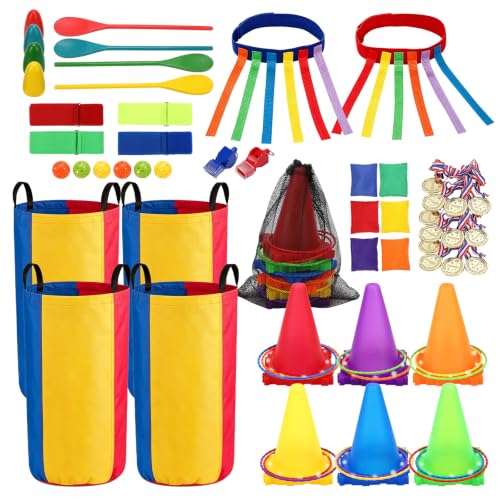 Ein umfangreiches Spielset für Outdoor-Spielen, das farbenfrohe Sackhüpf-Säcke, Eierlauf- und Ringwurfspiele sowie eine Kartoffelsackbeutel- und ein 3-beiniges Rennband enthält. Ideal für Karneval-, Osterveranstaltungen, Kindergeburtstage, Familientreffen und Sommerfeste.