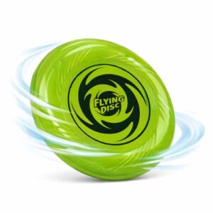 Grüne Frisbeewurfscheibe mit schwarzer Mittelkreis und Schriftzug 'Flying Disc' im Inneren, ideal für Kinder und Erwachsene als Garten- und Strandspielzeug.