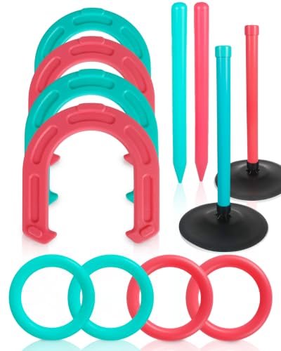 Großes Hufeisen-Spiel-Set für Erwachsene und Familie, 25,4 cm übergroßes Rasenwurfspiel mit Jumbo-Hufeisen, Ringen, Pfählen & Ständer - Outdoor-Hofspiel für Hinterhof, Strand, Camping