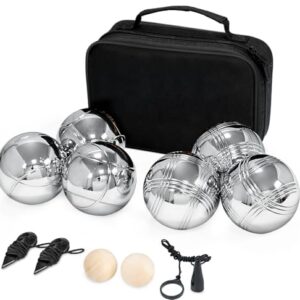 Boule Set, 6 Boccia Kugeln Metallkugeln Ø73mm, Boccia Spiel mit Tragetasche, 2 Zielkugeln, 2 Entfernungsmesser, 1 Magnet, Petanque fur Garten Camping Strand, Boccia Set für Outdoor Sport Spiel