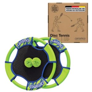 Carromco Disc Tennis Set für Outdoor-Trampolinspiel mit zwei leuchtenden grünen Bällen und Soft-Bälle-Frisbees, ideal für Familien und Kinder.