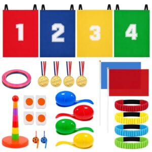 Sackhüpfen Eierlauf Set für Kinder - 33 Teiliges Outdoor-Spiel-Set mit Säcken, Eiern und Löffeln