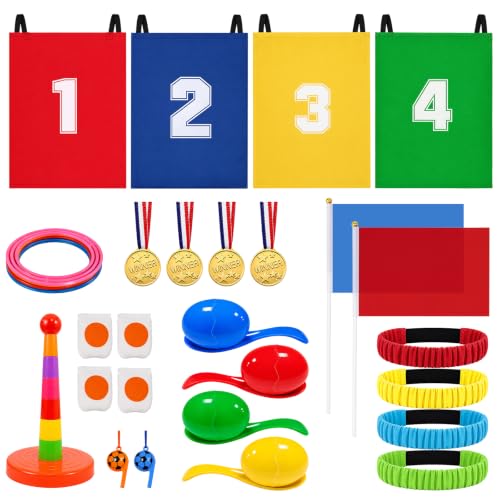 Sackhüpfen Eierlauf Set für Kinder - 33 Teiliges Outdoor-Spiel-Set mit Säcken, Eiern und Löffeln